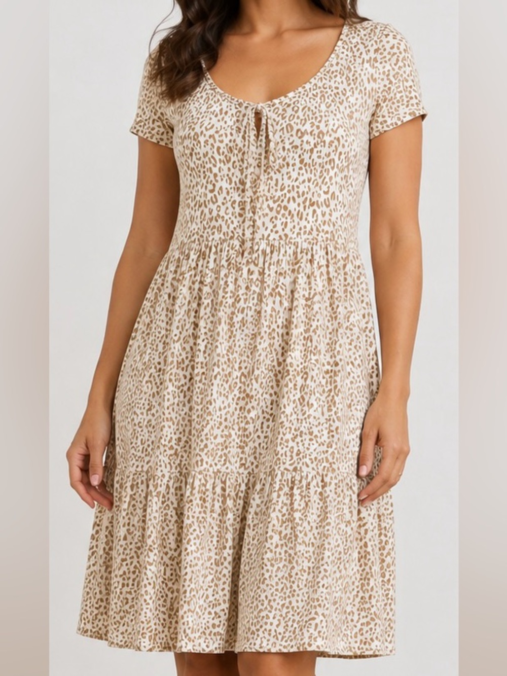 Beige Leopard Print Short Sleeve Tie-Dress